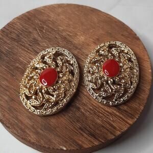 Pair Gold Tone and Red Ornate Oval Dress Clips Brooch